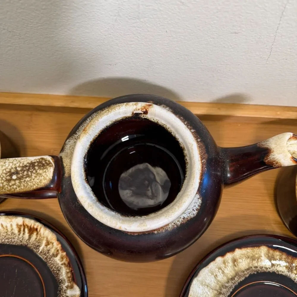 Vintage Pfaltzgraff Gourmet Brown Drip Tea Set Teapot 2 Cups Saucers USA